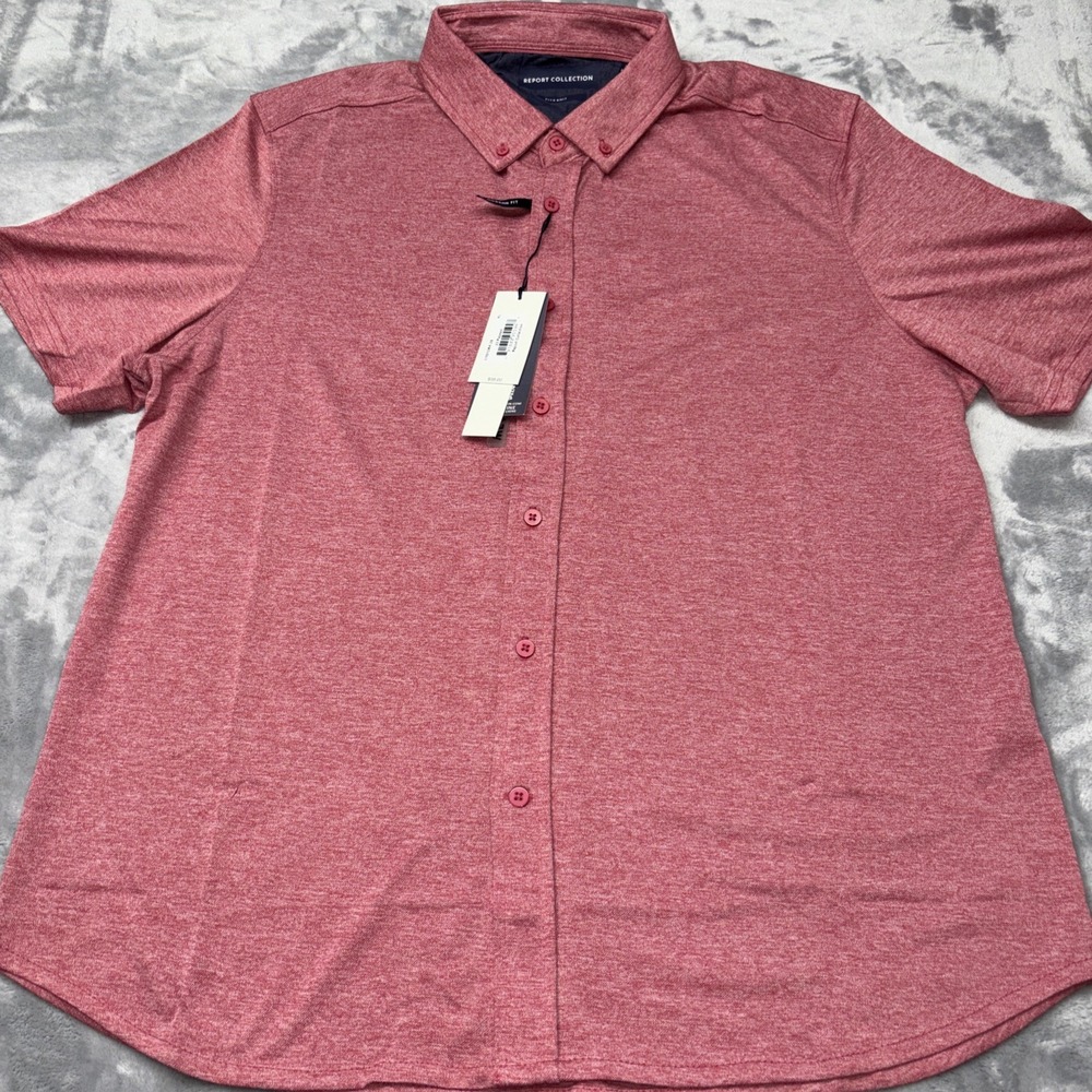 Report Collection Men XL Modern Fit Short Sleeve Button Down Papaya Red NWT
